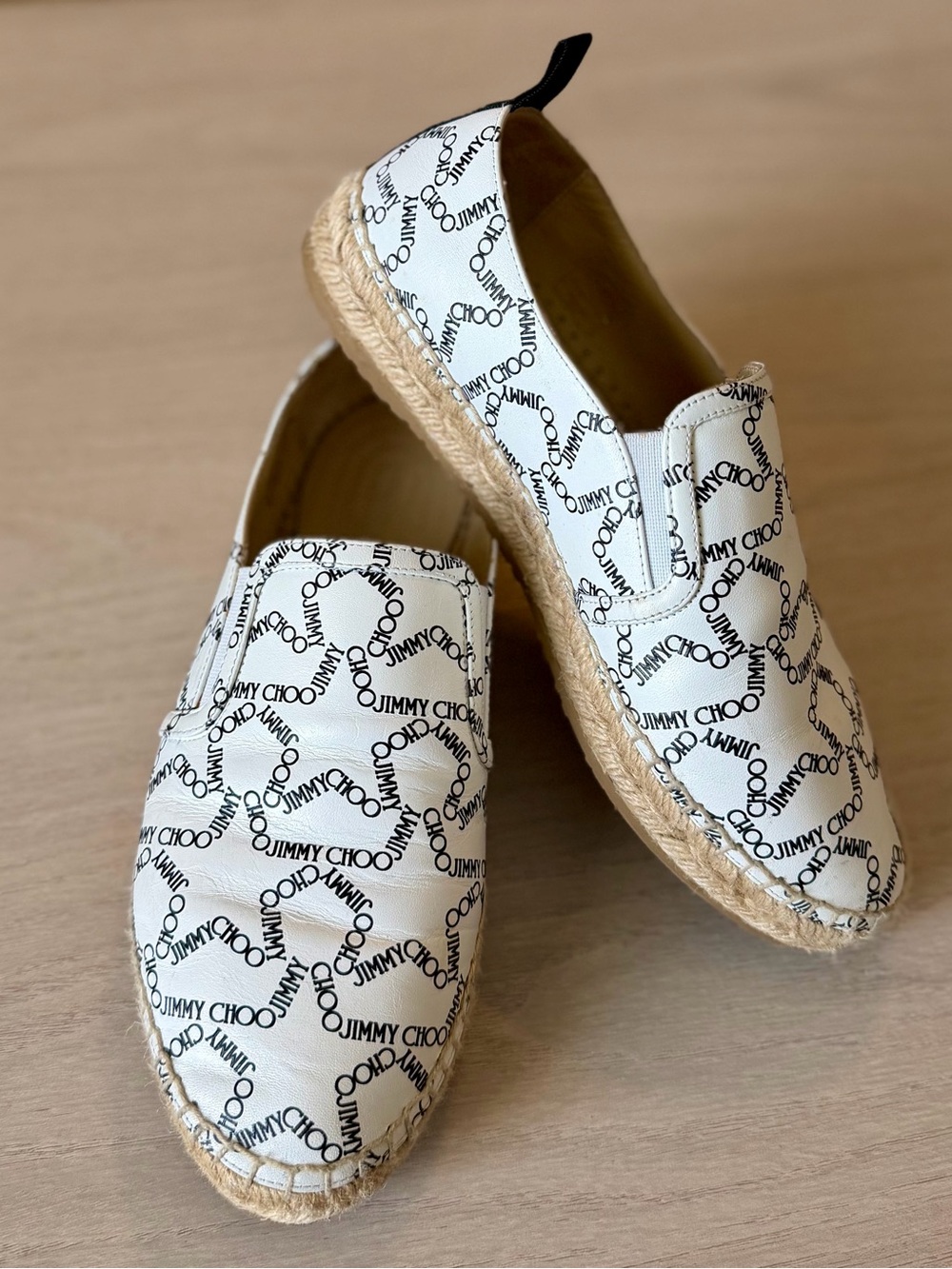 Jimmy Choo White and Black Stars Logo Espadrille Slip-Ons